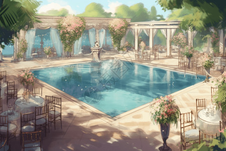 泳池旁的池畔婚礼背景图片