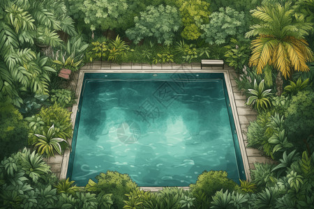露天泳池绿树包围的泳池插画