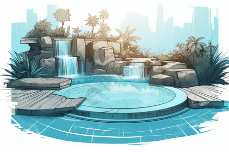 瀑布温泉瀑布岩石的游泳池插画