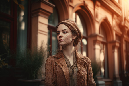 美丽的女性站在老式建筑前背景图片