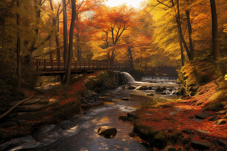 水边栈道大山深处秋天的美景插画