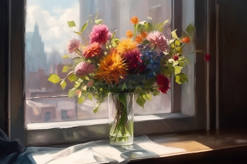 室内窗台上的花束图片