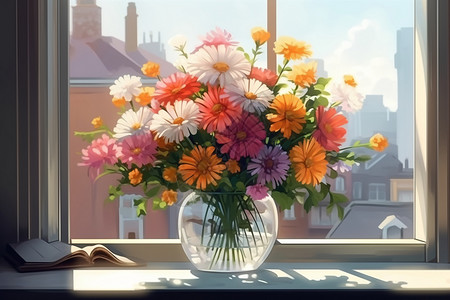 窗台上的花朵背景图片