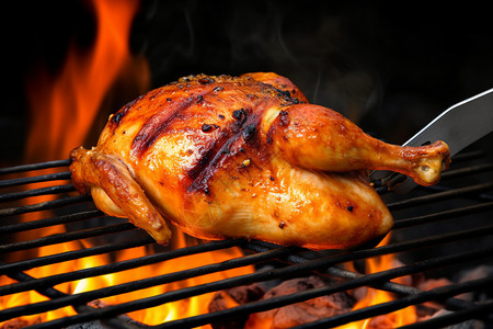 火焰烤鸡提卡烤架上的烤鸡背景