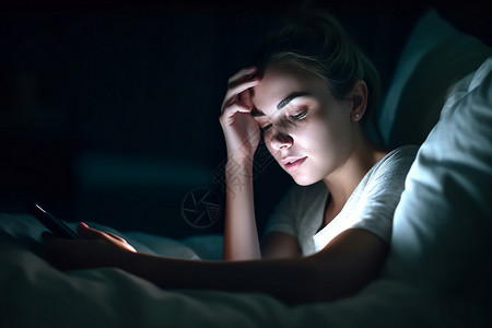 在床上玩手机的女人背景图片