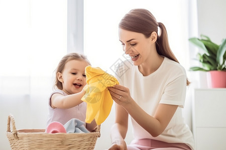 提篮子的妇女妈妈带女儿整理衣服背景