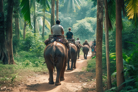 行走中大象热带森林中大象和男性背景