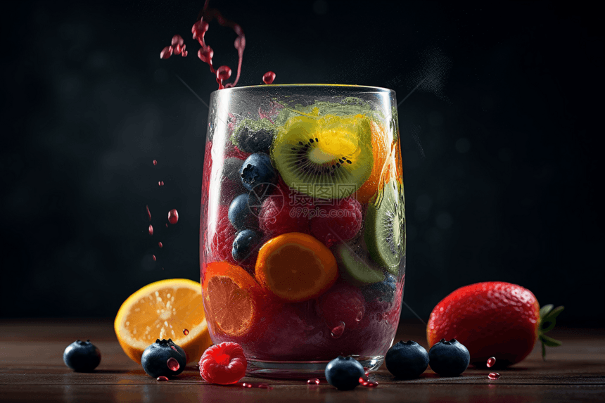 玻璃杯中各种彩色水果图片