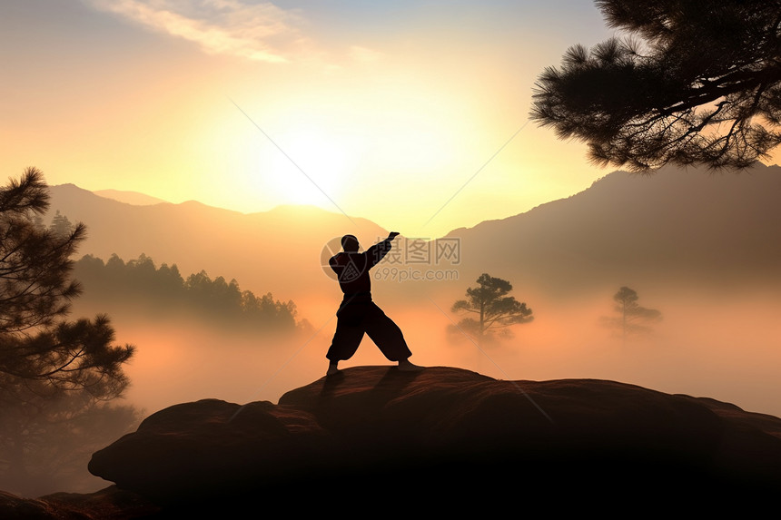 男人站在日出的山脉图片