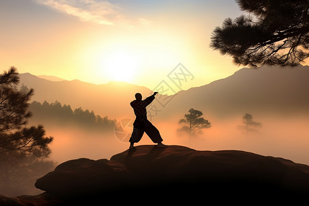 男人站在日出的山脉背景图片