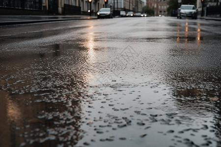 城市雨天沥青路面的水坑背景