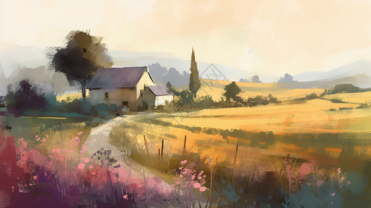 一幅描绘农场和开阔道路的油画图片