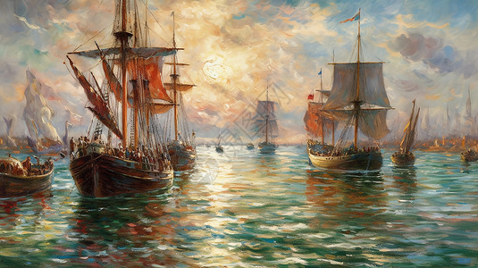 海上舰队一幅停靠在水中的几艘船的画作插画