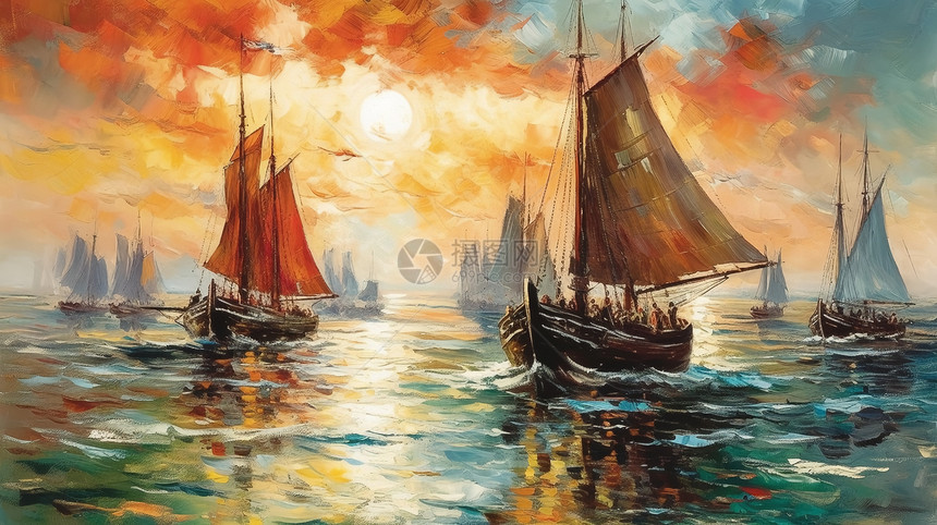 一幅海上帆船油画图片