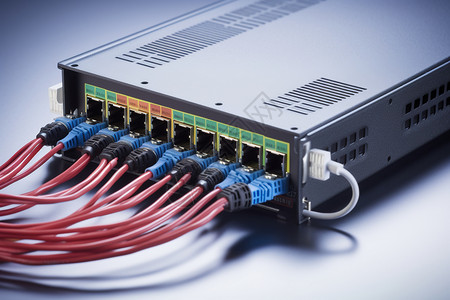 网线连接一件连接多根电缆的设备背景