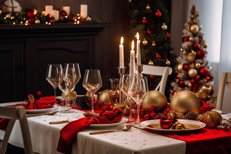 配着燃烧的蜡烛和圣诞装饰晚宴场景背景图片
