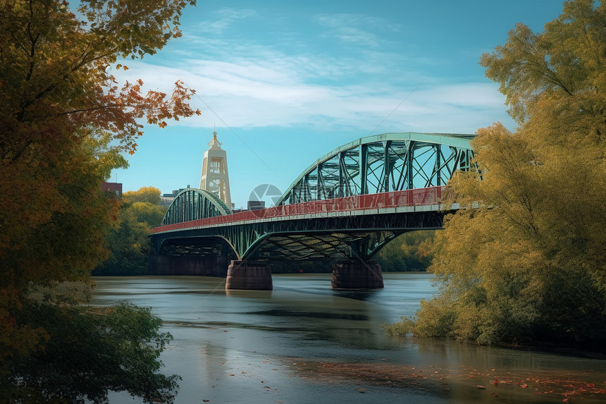 秋天树木环绕的河流上有一座绿色桥梁图片