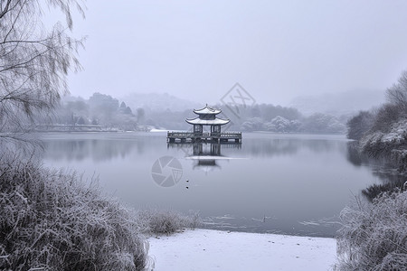 湖中亭苑雪景高清图片