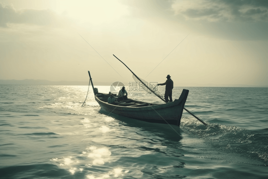 在公海捕鱼的渔民图片