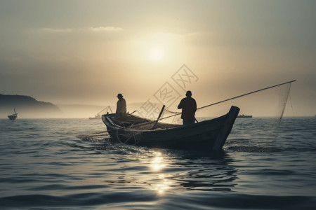 在公海捕鱼的人背景