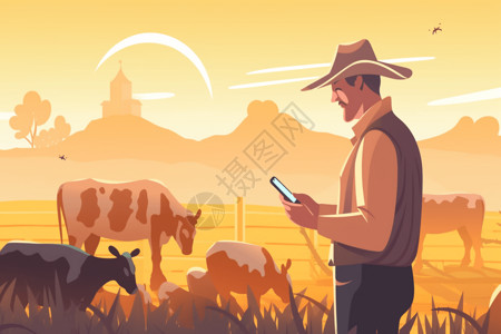 农民手机农作物和牲畜插画