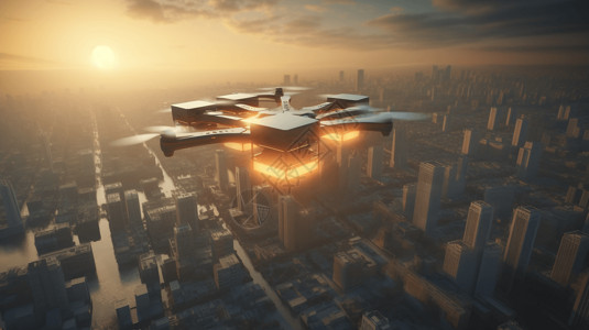 未来城市送货的四轴飞行器背景图片