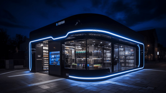 便利店橱窗未来城市的一种创新自动售货商店背景