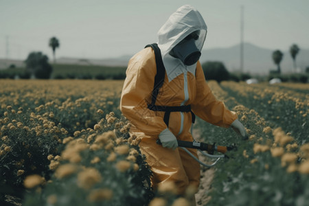 穿着防护服的工人使用杀虫剂喷洒植物图片