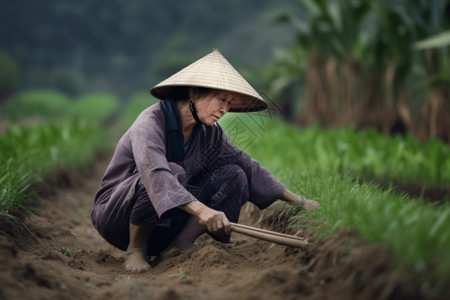 传统农具农民在田地里种植水稻背景
