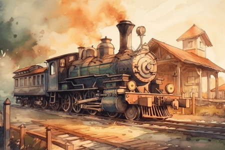 带有老式机车的火车站插画