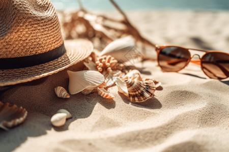 沙滩上有贝壳太阳镜和草帽背景图片
