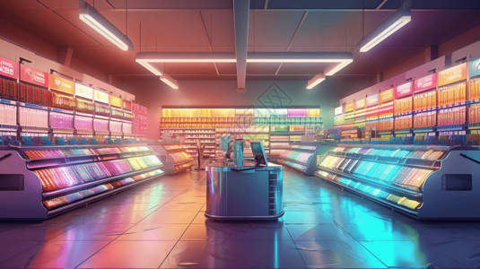 无人货架无人超市货架上摆满彩虹颜色的产品插画