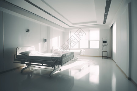 高清素材医院从空床的角度来看，一个闪闪发光的医院房间，配有闪亮的医疗机械和整齐的白色床上用品，被柔和的自然光照亮。，高清设计图片
