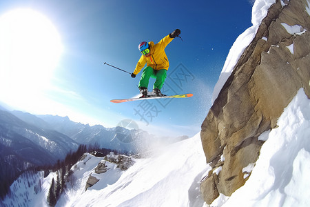 滑雪者从高山的悬崖上跳下，高清图片