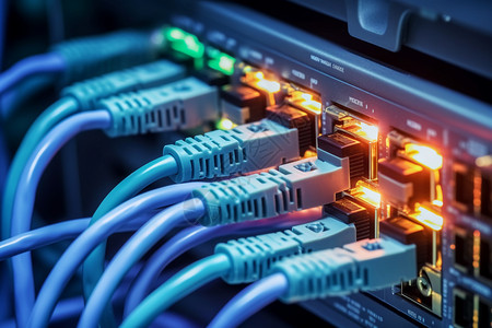 电线光纤交错连接到光纤端口的网线背景