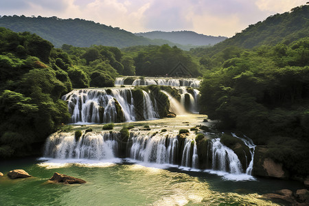 美丽的高山绿水森林风景背景