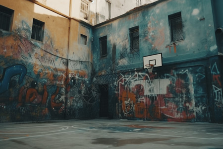 街头篮球涂鸦街头的蓝球场背景