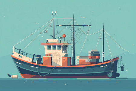 装备整齐好的渔船插画