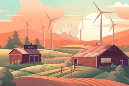 有着风力涡轮机和太阳能的村子背景图片