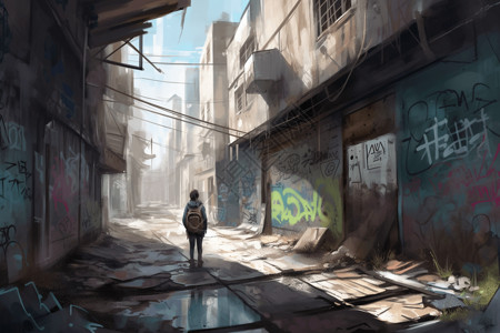 小女孩探索废弃城市背景图片