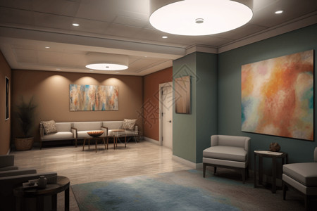 舒缓更年期疼痛诊所: 一幅疼痛诊所的画，用平静和舒缓的颜色捕捉空间的治疗和支持气氛。，高清设计图片