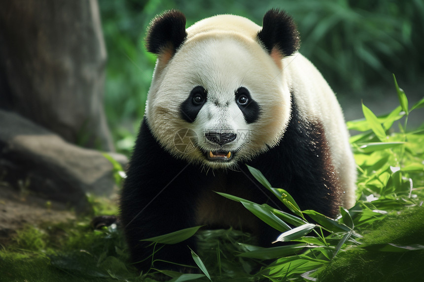 竹叶旁的熊猫图片