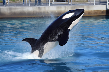 海豚跳出水面在表演的虎鲸背景
