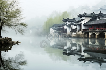 烟雨背景小桥流水的古镇背景