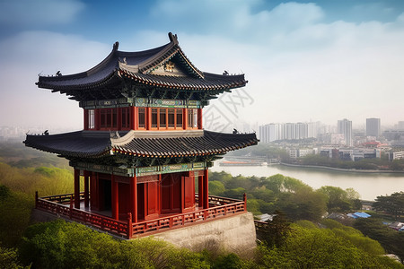 中国传统建筑楼阁上的景色图片