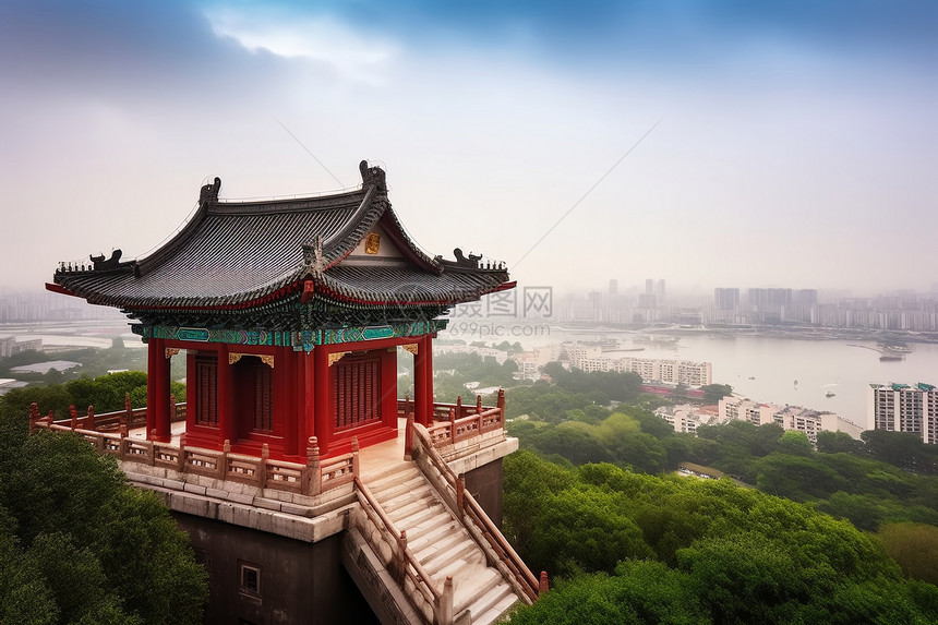 中国传统建筑楼阁上的风景图片