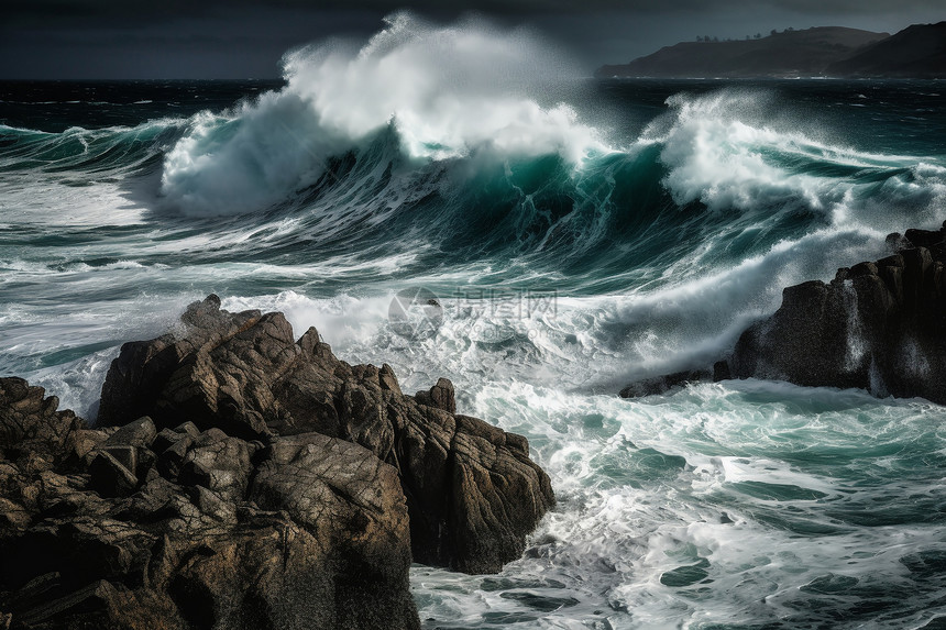 海浪撞击海岸景象图片