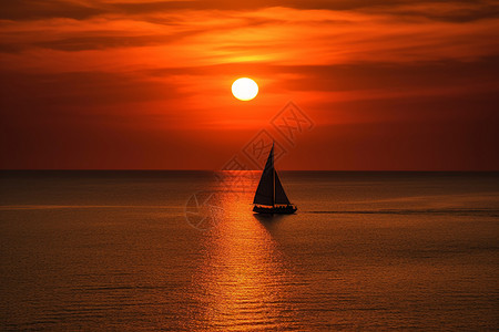 日落时海面上的帆船图片