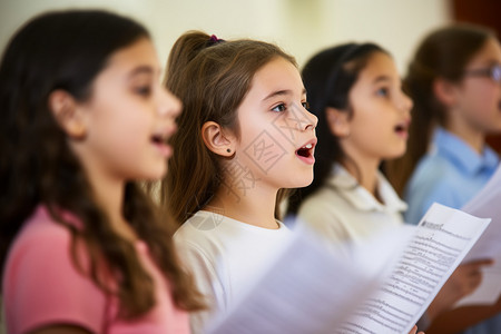 学校歌唱比赛练习歌词的小学生背景
