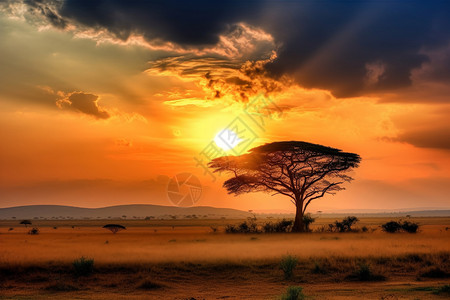非洲热带日落的非洲大草原背景